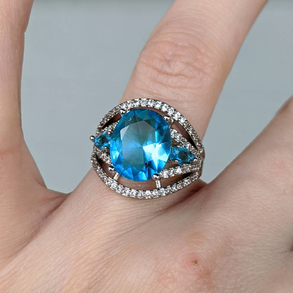 🆕S925-Aquamarine & White Topaz Ring Sz 6